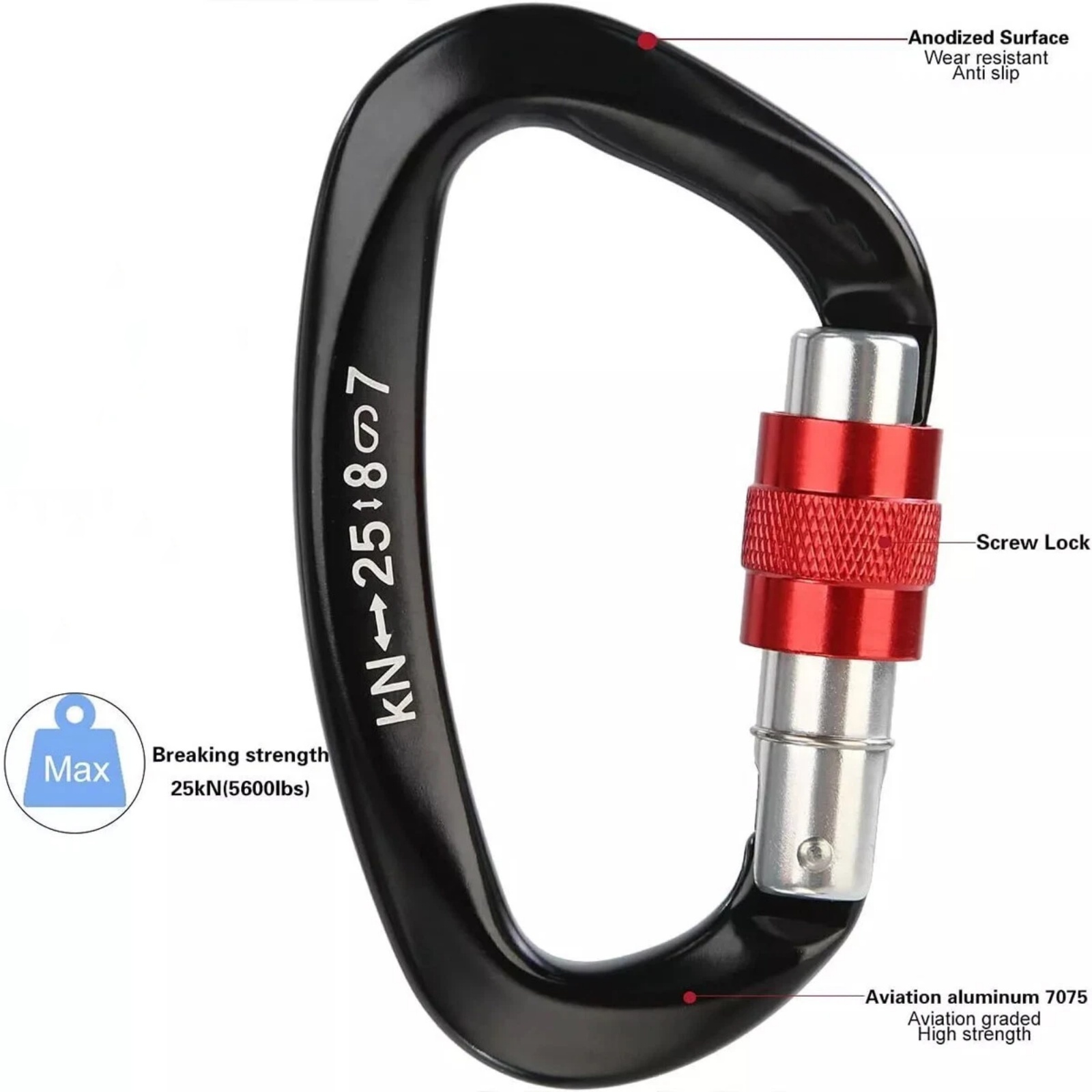 5Pcs/Set 25KN D-Shape Aluminum - Carabiner Locking D 评论和价格